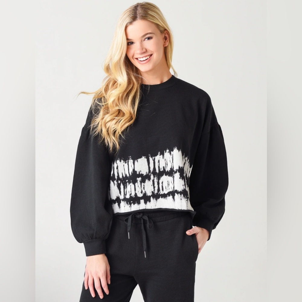 Z Supply Women’s Tempest Stripe Tie Dye Fleece Pullover, Black and White, size M